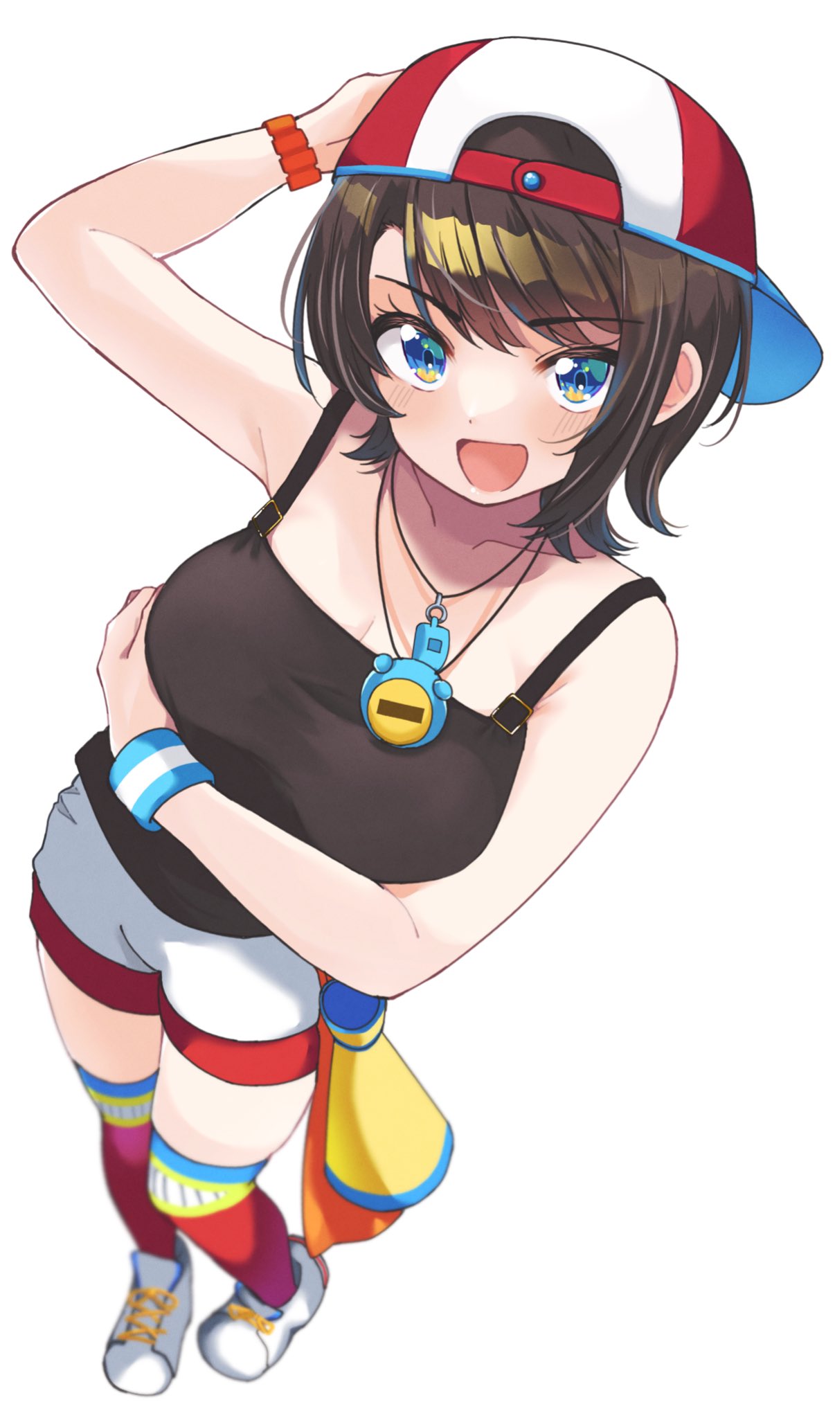 1girl, bangs, blue_eyes, braid, breasts, brown_hair, french_braid, hat, highres, hololive, large_breasts, oozora_subaru, shoes, short_hair, shorts, simple_background, sneakers, solo, swept_bangs, thigh-highs, virtual_youtuber, white_background, white_footwear, white_shorts, wristband, zono_(inokura_syuzo029)