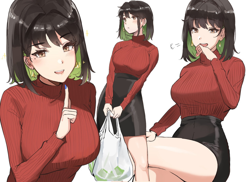 bag, bangs, bare_legs, black_hair, black_skirt, blue_nails, blush, bob_cut