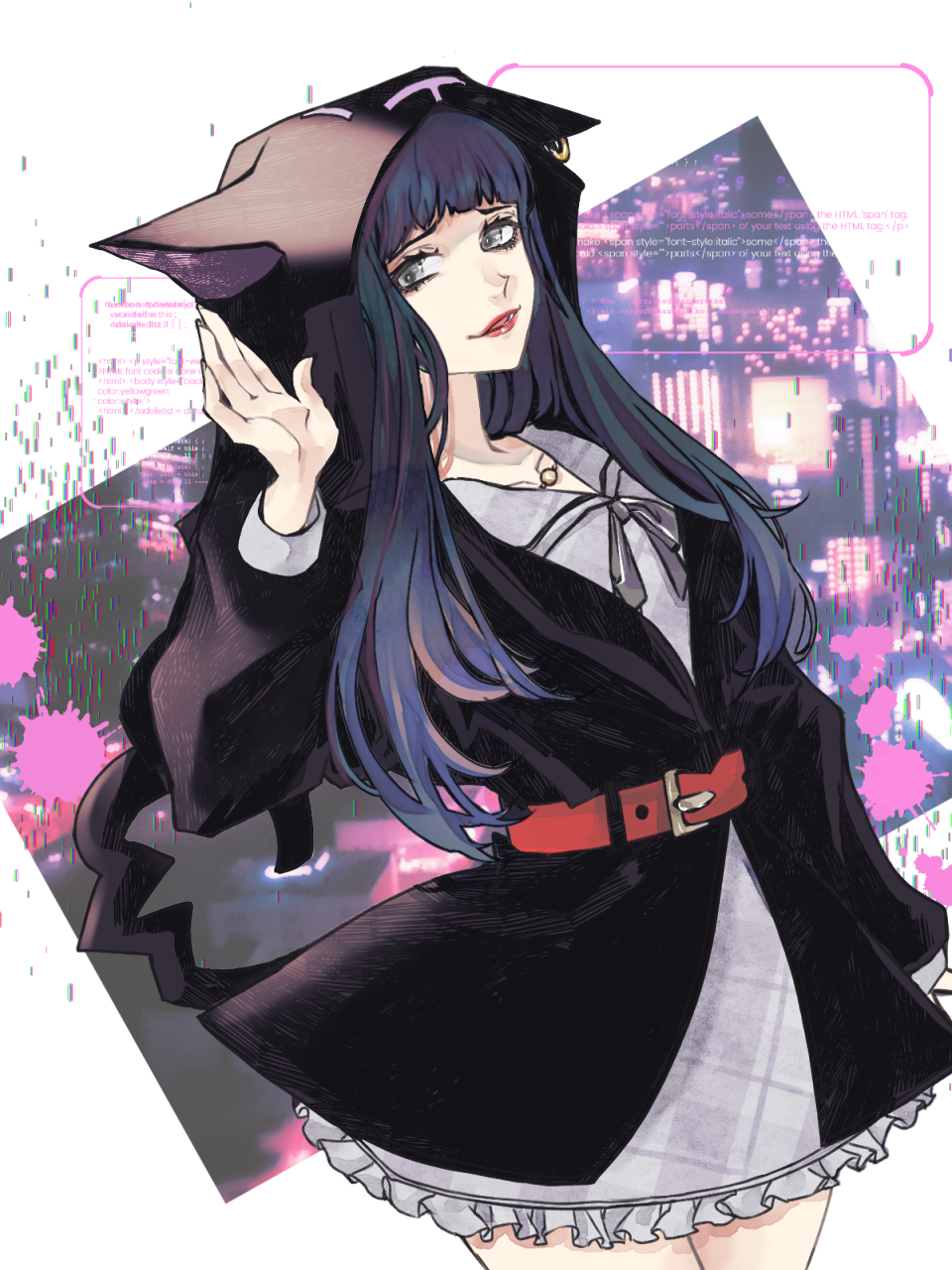 1girl, animal_hood, arm_up, belt, black_hair, black_hoodie, cat_hood, dress, highres, hood, hood_up, hoodie, jewelry, long_hair, looking_at_viewer, makeup, necklace, rolling_anco, sakurane_shouka, shin_subarashiki_kono_sekai, simple_background, smile, solo, subarashiki_kono_sekai