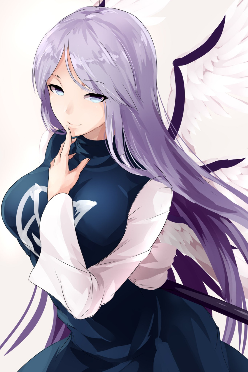 1girl, angel, angel_wings, arm_under_breasts, blue_dress, blue_eyes, blue_hair, breasts
