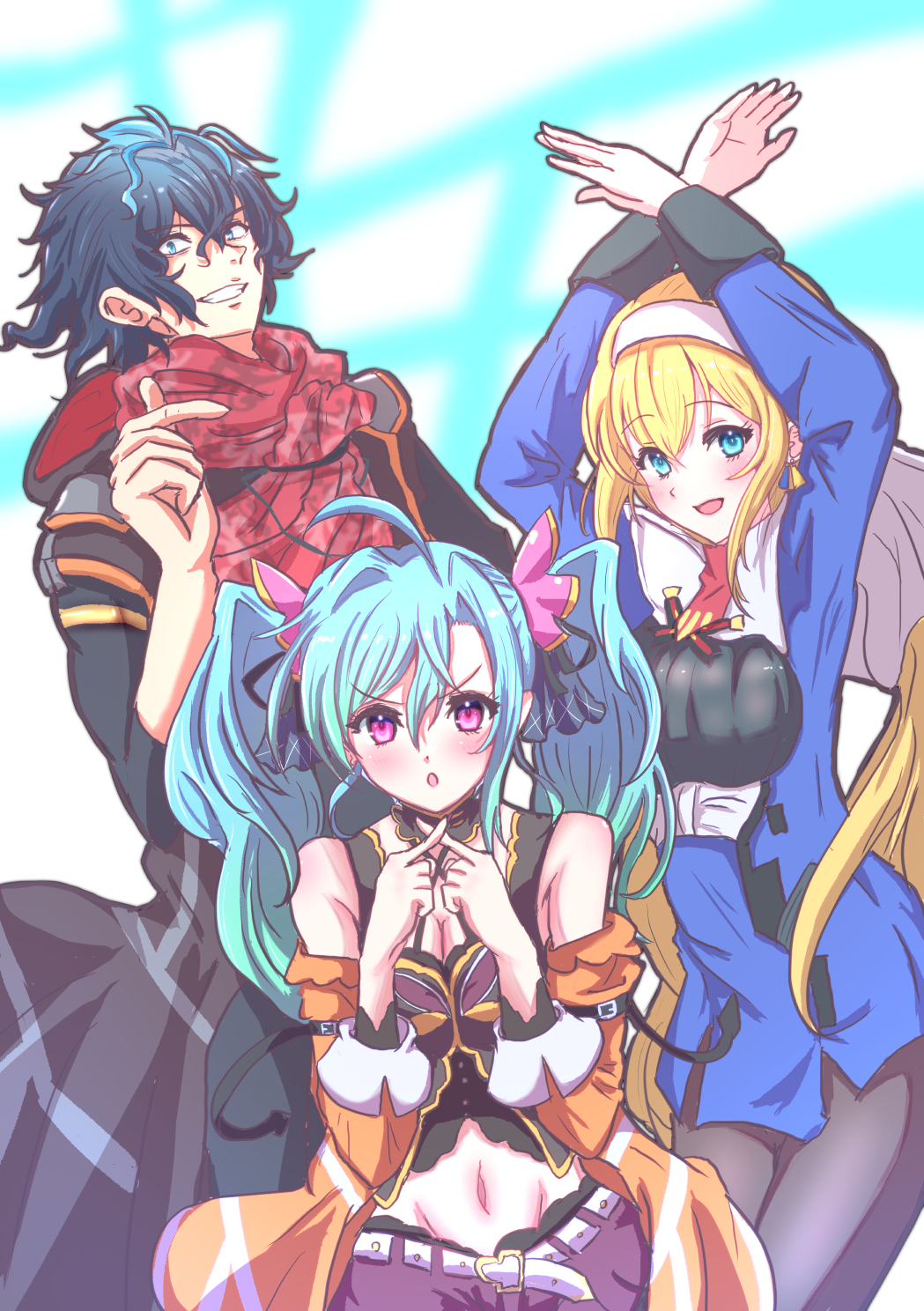 1boy, 2girls, az_sainklaus, belt, black_jacket, blonde_hair, blue_eyes, blue_hair