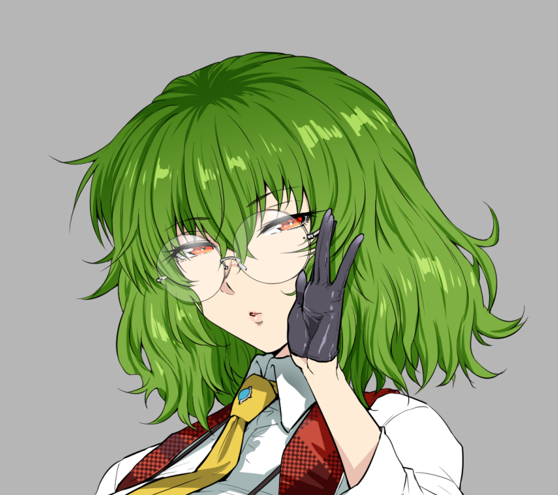 1girl, adapted_costume, black_gloves, close-up, collared_shirt, glasses, gloves, green_hair, grey_background, henriiku_(ahemaru), kazami_yuuka, long_sleeves, necktie, pants, plaid, plaid_pants, plaid_vest, red_eyes, red_vest, round_eyewear, shirt, short_hair, simple_background, suspenders, touhou, vest, white_shirt, yellow_necktie
