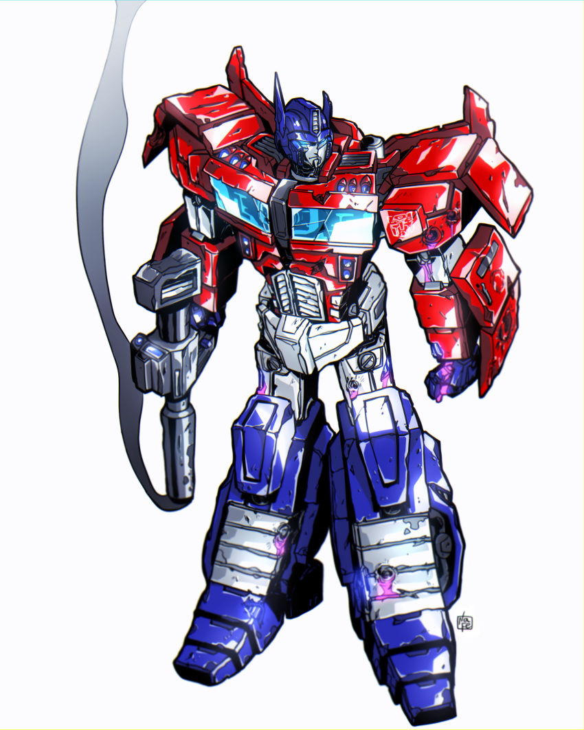 absurdres, autobot, blue_eyes, clenched_hand, gun, highres, holding, holding_gun