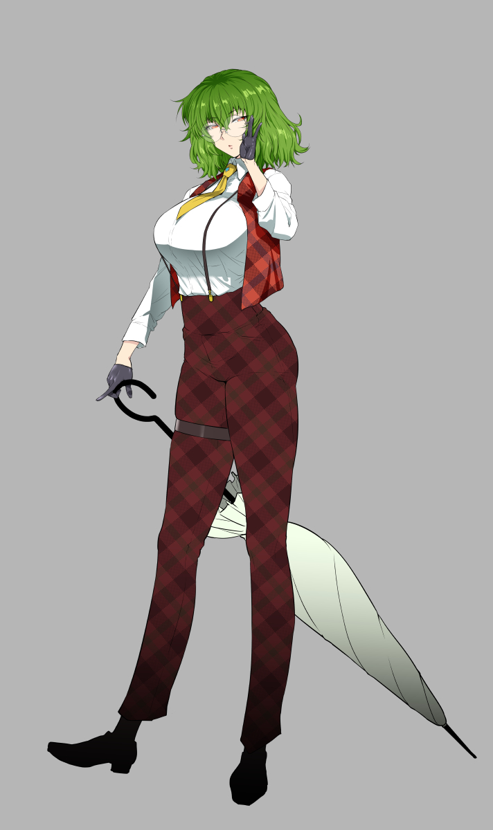 1girl, adapted_costume, black_footwear, black_gloves, collared_shirt, glasses, gloves, green_hair, grey_background, henriiku_(ahemaru), high_heels, highres, kazami_yuuka, long_sleeves, necktie, pants, plaid, plaid_pants, plaid_vest, red_eyes, red_pants, red_vest, round_eyewear, shirt, short_hair, simple_background, suspenders, touhou, vest, white_shirt, yellow_necktie