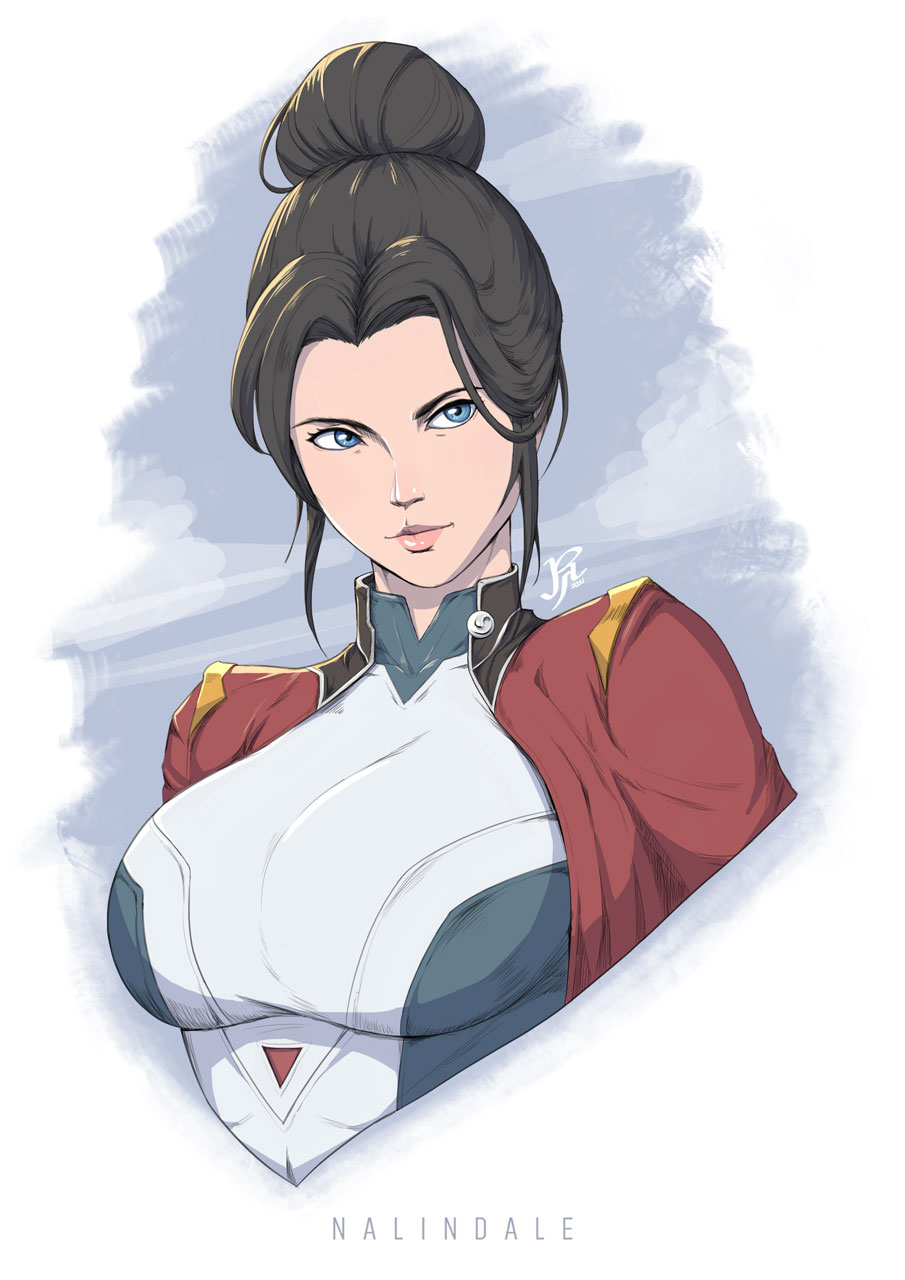 1girl, artist_name, blue_bodysuit, blue_eyes, bodysuit, breasts, dc_comics, hair_bun, head_tilt, highres, jacket, large_breasts, looking_to_the_side, nalindale, portrait, red_jacket, solo, superhero, wonder_woman