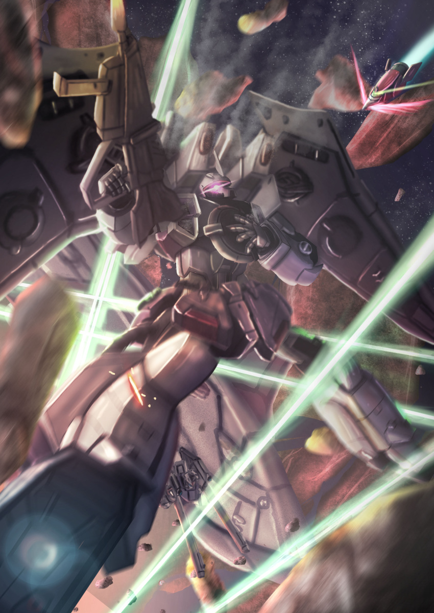 absurdres, explosion, glowing, glowing_eye, gun, gundam, gundam_seed, gundam_seed_destiny