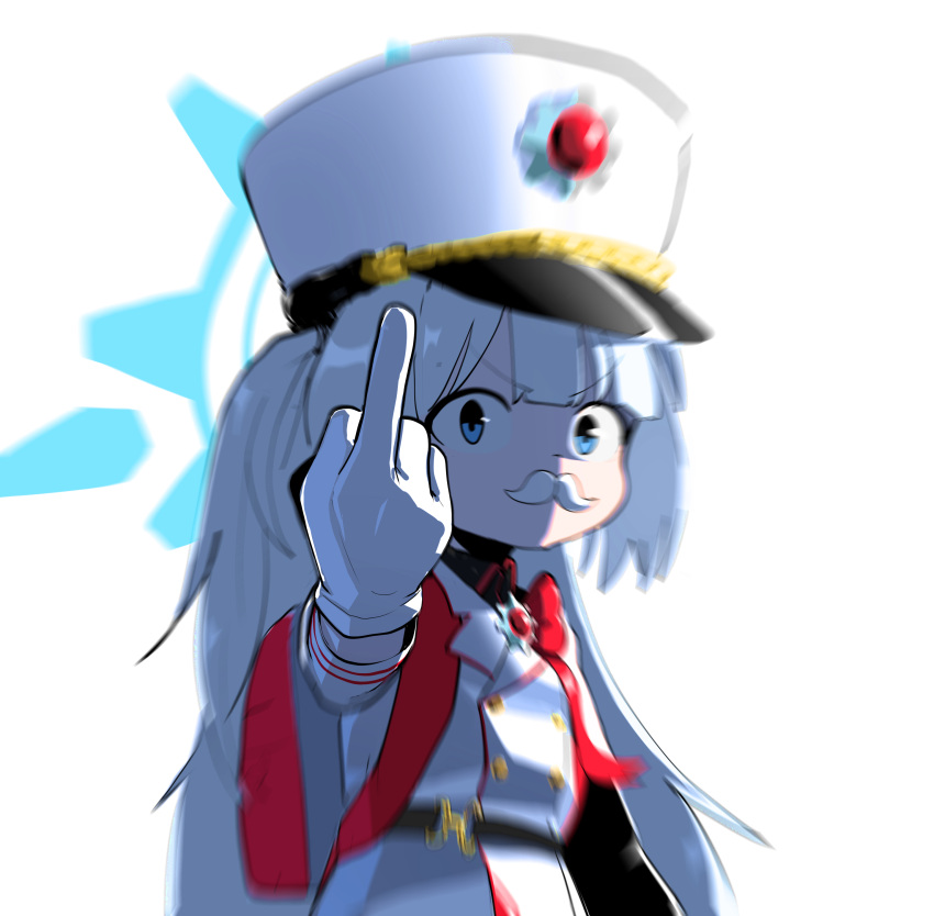 absurdres, backpack, bag, belt, blue_archive, blue_eyes, cherino_(blue_archive), coat, fake_facial_hair, fake_mustache, furrowed_brow, gloves, halo, hat, highres, long_hair, looking_at_viewer, middle_finger, military_hat, motion_blur, nangnangnang, randoseru, red_bag, shako_cap, simple_background, upper_body, white_background, white_coat, white_gloves, white_hair, white_headwear