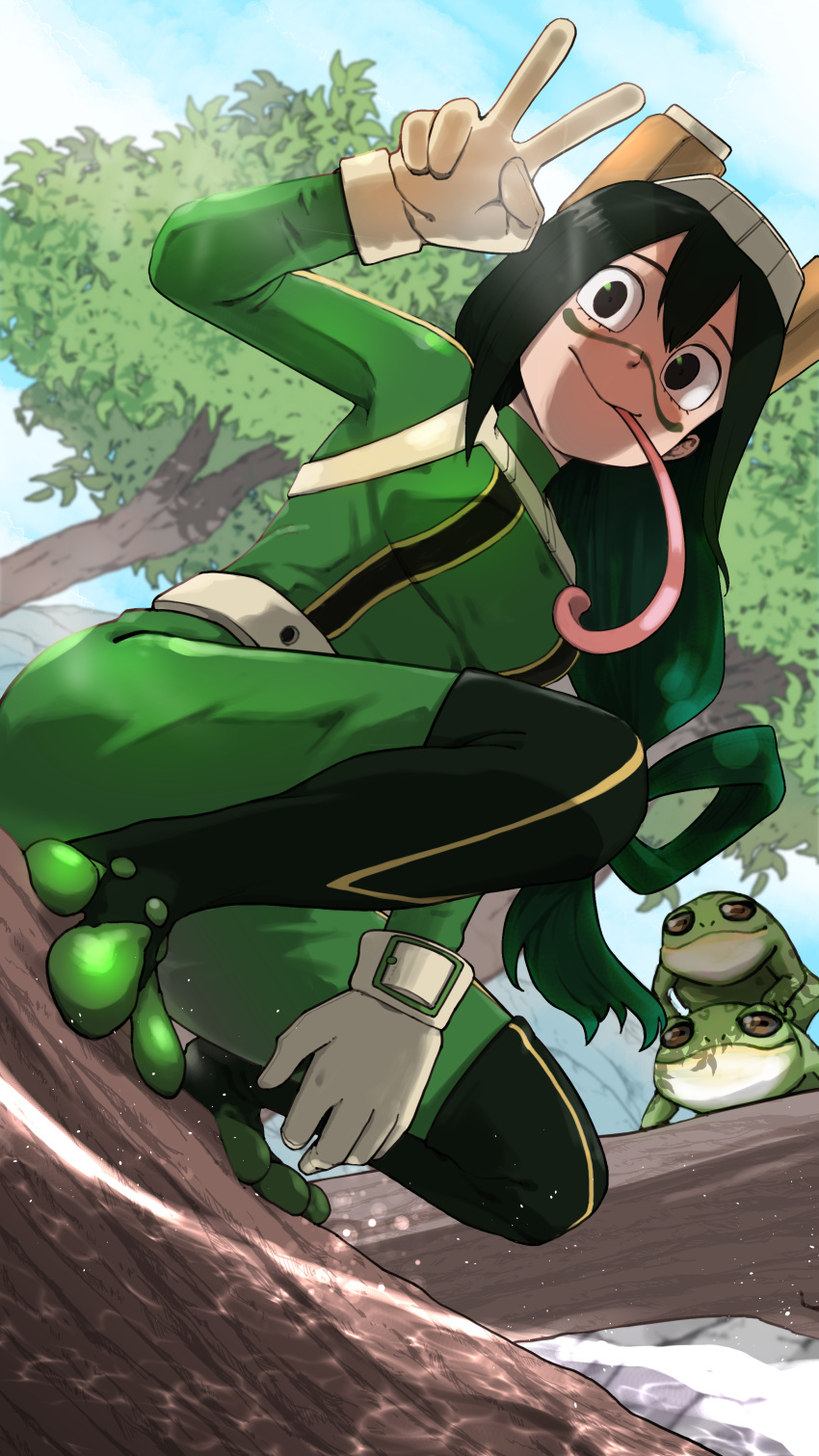 1girl, absurdres, animal, asui_tsuyu, black_eyes, black_hair, blue_sky, bodysuit, boku_no_hero_academia, breasts, clouds, cloudy_sky, facepaint, fcgc_(friedalwaysgood), frog, frog_girl, full_body, gloves, goggles, goggles_on_head, green_bodysuit, green_hair, hair_between_eyes, hair_rings, highres, horizontal_pupils, long_hair, long_tongue, looking_at_viewer, looking_back, low-tied_long_hair, medium_breasts, sky, solo, squatting, tongue, tongue_out, tree, v, white_gloves