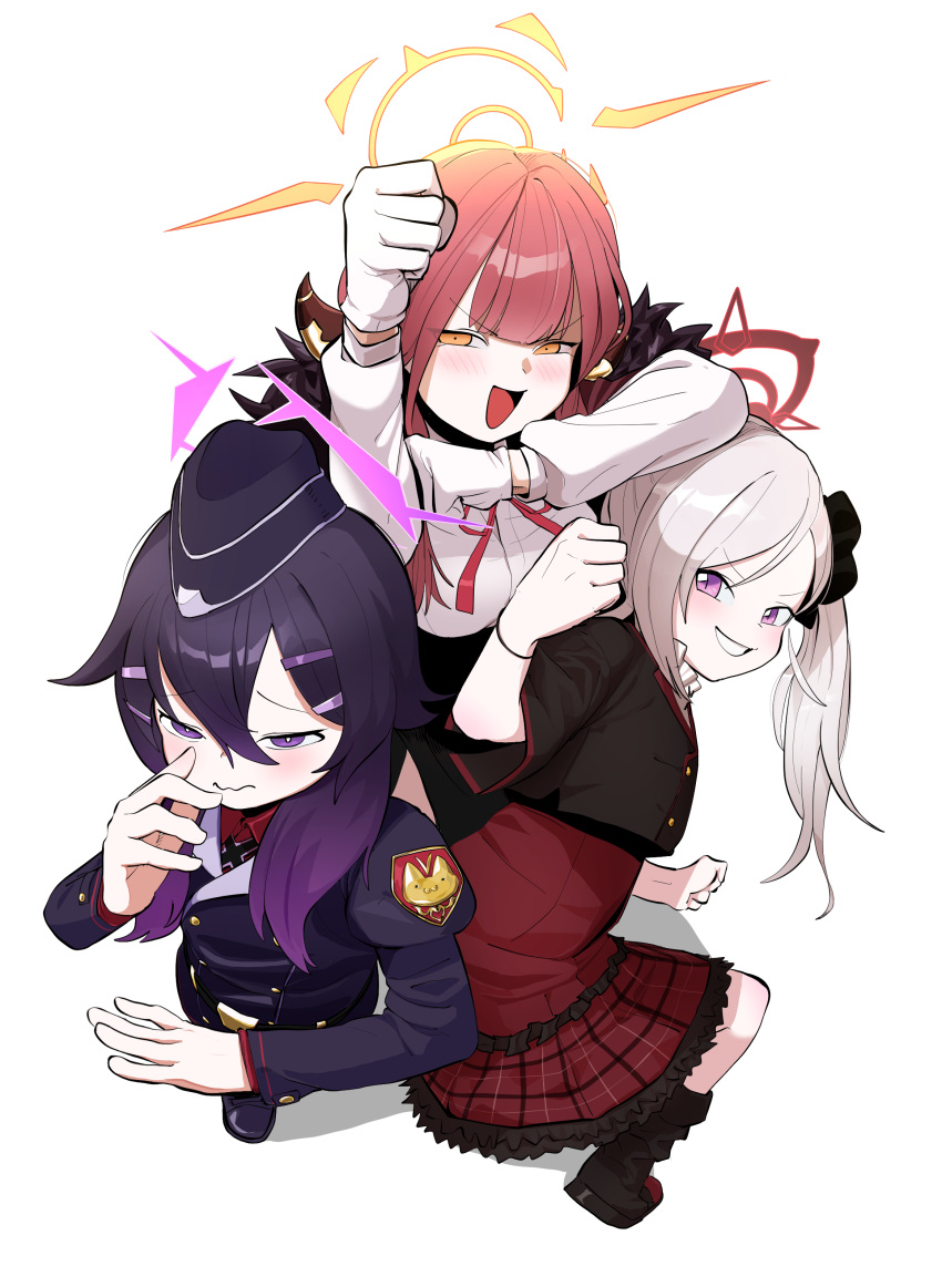 3girls, :d, absurdres, aru_(blue_archive), asymmetrical_bangs, asymmetrical_hair, bangs, black_jacket, blue_archive, blush, clenched_hand, coat, demon_horns, fighting_stance, from_above, fur-trimmed_coat, fur_trim, garrison_cap, gloves, grin, hair_ornament, hairclip, halo, hand_up, haruka_(blue_archive), hat, highres, horns, jacket, juliet_sleeves, layered_skirt, long_hair, long_sleeves, military, military_uniform, multiple_girls, mutsuki_(blue_archive), nangnangnang, neck_ribbon, pink_eyes, plaid, plaid_skirt, puffy_sleeves, purple_hair, purple_jacket, red_ribbon, red_skirt, ribbon, shirt, side_ponytail, simple_background, skirt, smile, uniform, violet_eyes, wavy_mouth, white_background, white_gloves, white_hair, white_shirt, yellow_eyes