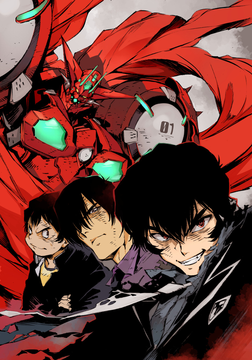 3boys, absurdres, black_eyes, black_hair, black_jacket, collared_shirt, getter-1_(devolution), getter_robo