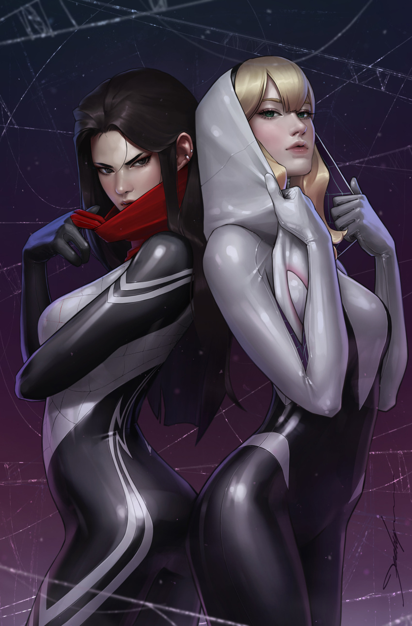 2girls, absurdres, ass-to-ass, black_eyes, black_gloves, black_hair, black_hairband, blonde_hair