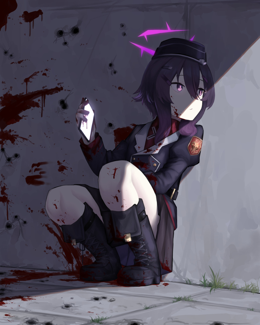 1girl, absurdres, against_wall, aimpoleume, black_footwear, blood, blood_on_clothes, blood_on_face