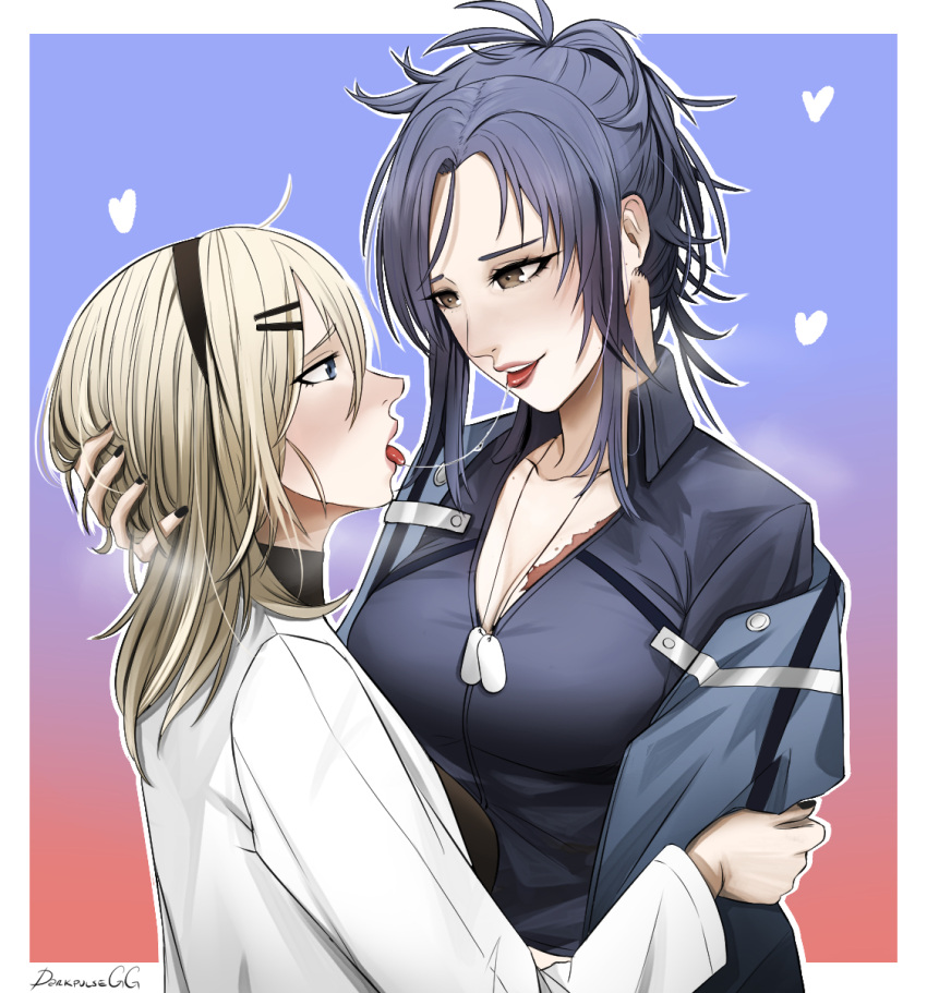 2girls, angelia_(girls'_frontline), artist_name, bangs, black_hairband, black_nails, black_shirt, blonde_hair