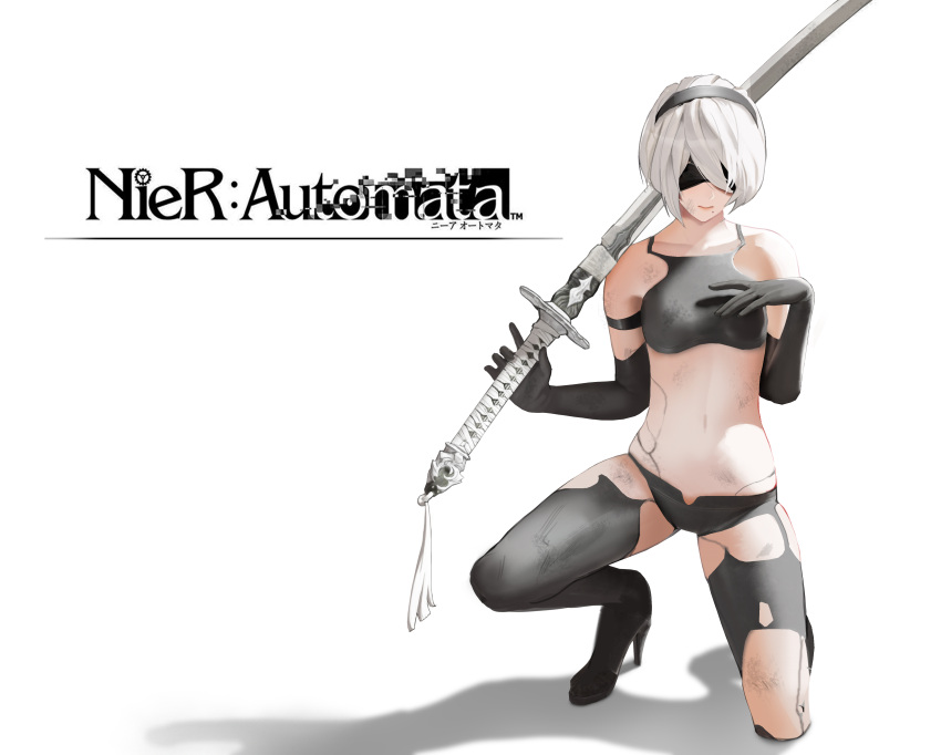 1girl, absurdres, bangs, bare_shoulders, black_gloves, black_legwear, blindfold, breasts, elbow_gloves, gloves, hair_between_eyes, hair_over_one_eye, hairband, highres, holding, holding_sword, holding_weapon, katana, kneeling, looking_at_viewer, mizu_(dl7613), nier_(series), nier_automata, scar, shadow, short_hair, silver_hair, simple_background, solo, sports_bra, squatting, sword, thigh-highs, torn_clothes, torn_legwear, vest, weapon, white_background, white_hair, yorha_no._2_type_b