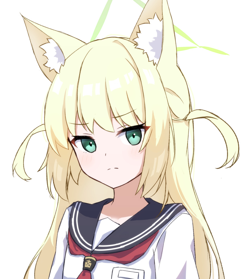 1girl, absurdres, animal_ear_fluff, animal_ears, bangs, black_sailor_collar, blonde_hair, blue_archive, character_request, closed_mouth, commentary, eyebrows_visible_through_hair, green_eyes, halo, highres, light_frown, long_hair, looking_at_viewer, neckerchief, red_neckerchief, sailor_collar, seika_(eevz2274), shirt, simple_background, solo, symbol-only_commentary, two_side_up, upper_body, white_background, white_shirt