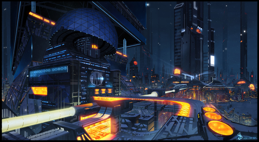 absurdres, architecture, bionicle, bridge, building, city, city_lights, cityscape