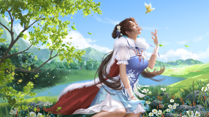 absurdres, bird, black_hair, blue_dress, blue_eyes, blue_sky, china_dress, chinese_clothes