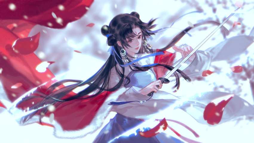 absurdres, black_hair, blue_dress, blue_eyes, china_dress, chinese_clothes, double_bun, dress