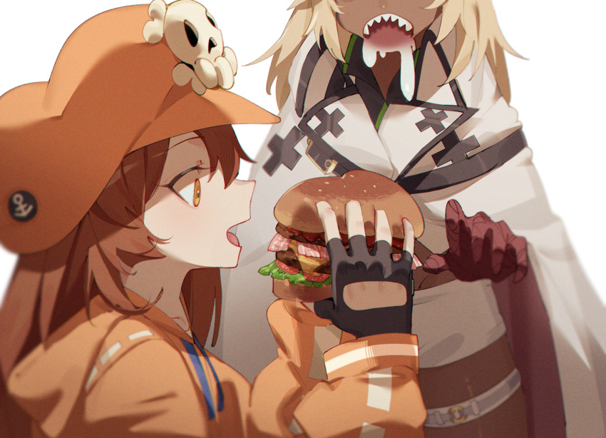 2girls, bangs, belt, black_gloves, blonde_hair, brown_eyes, brown_hair, burger