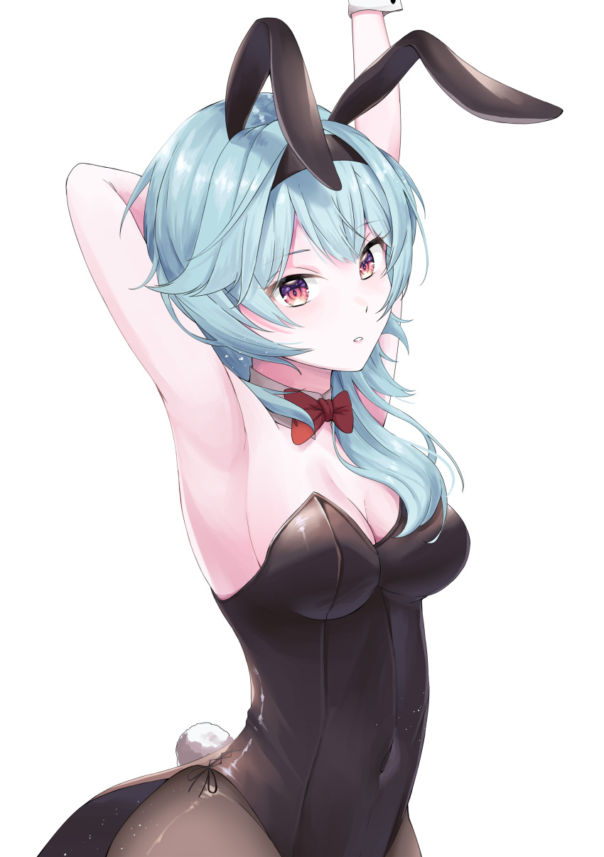 1girl, absurdres, animal_ears, armpits, arms_up, bare_arms, bare_shoulders, black_headband, black_legwear, blue_hair, bow, bowtie, breasts, covered_navel, detached_collar, eula_(genshin_impact), eyebrows_visible_through_hair, fake_animal_ears, genshin_impact, hair_between_eyes, headband, highleg, highleg_leotard, highres, keya_(user_pnkz5883), lace_trim, leotard, light_blue_hair, long_hair, looking_at_viewer, medium_breasts, necktie, parted_lips, playboy_bunny, rabbit_ears, rabbit_tail, red_bow, red_bowtie, side-tie_leotard, simple_background, solo, stretch, striped, tail, vertical_stripes, violet_eyes, white_background, wrist_cuffs