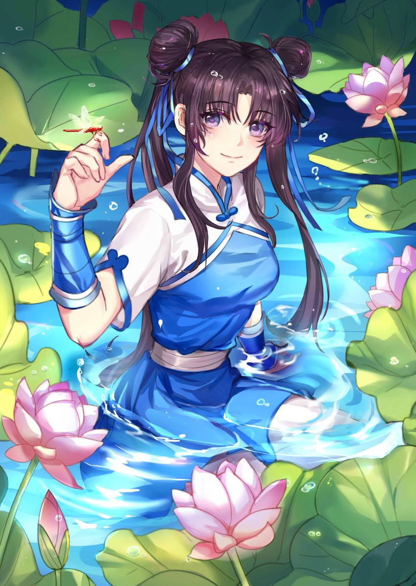 absurdres, black_hair, blue_dress, blue_eyes, china_dress, chinese_clothes, double_bun, dress