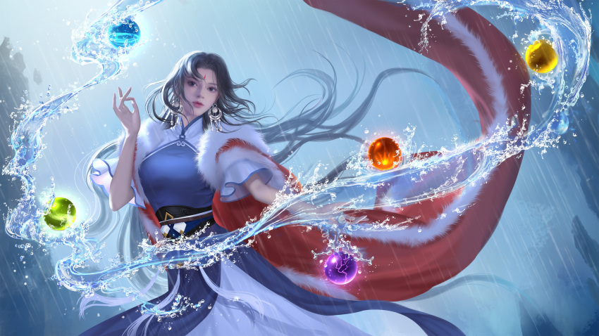 black_hair, blue_dress, blue_eyes, cape, china_dress, chinese_clothes, dress, highres