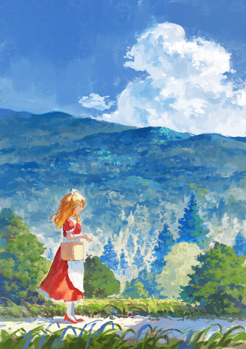 1girl, apron, bag, blonde_hair, blue_sky, clouds, commentary_request, day