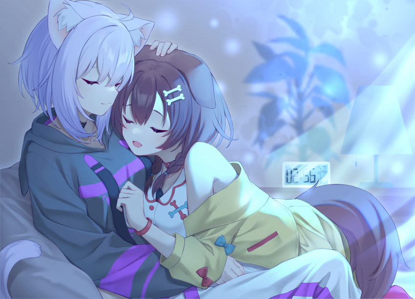 2girls, absurdres, ahoge, alarm_clock, animal_collar, animal_ear_fluff, animal_ears, baggy_pants