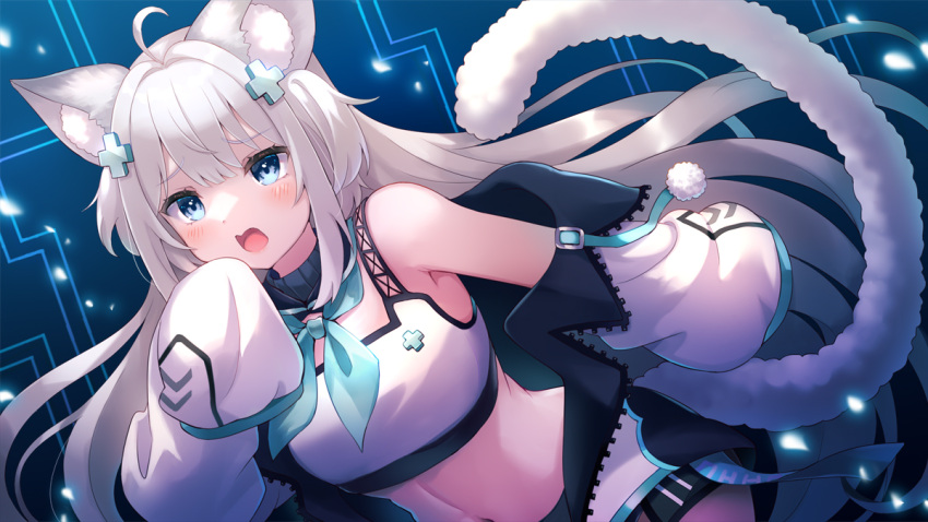 1girl, 60mai, amaris_yuri, animal_ear_fluff, animal_ears, aqua_bow, aqua_bowtie, bangs, blue_eyes, blush, bow, bowtie, breasts, circuit_board, collar, commentary, commission, detached_sleeves, embarrassed, indie_virtual_youtuber, jacket, leaning_forward, leopard_ears, leopard_girl, leopard_tail, long_hair, looking_at_viewer, medium_breasts, navel, open_mouth, shorts, skeb_commission, sleeves_past_fingers, sleeves_past_wrists, tail, tank_top, unzipped, upper_body, very_long_hair, virtual_youtuber, white_hair, white_jacket, white_shorts, white_sleeves, white_tank_top