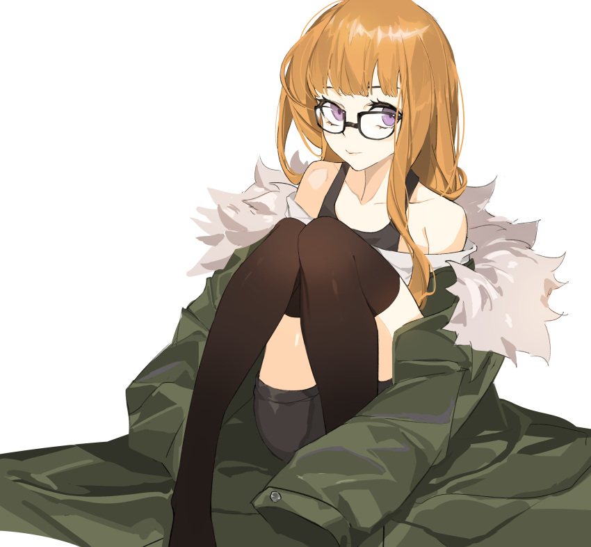 1girl, absurdres, bangs, bare_shoulders, black-framed_eyewear, black_legwear, black_shirt, blunt_bangs