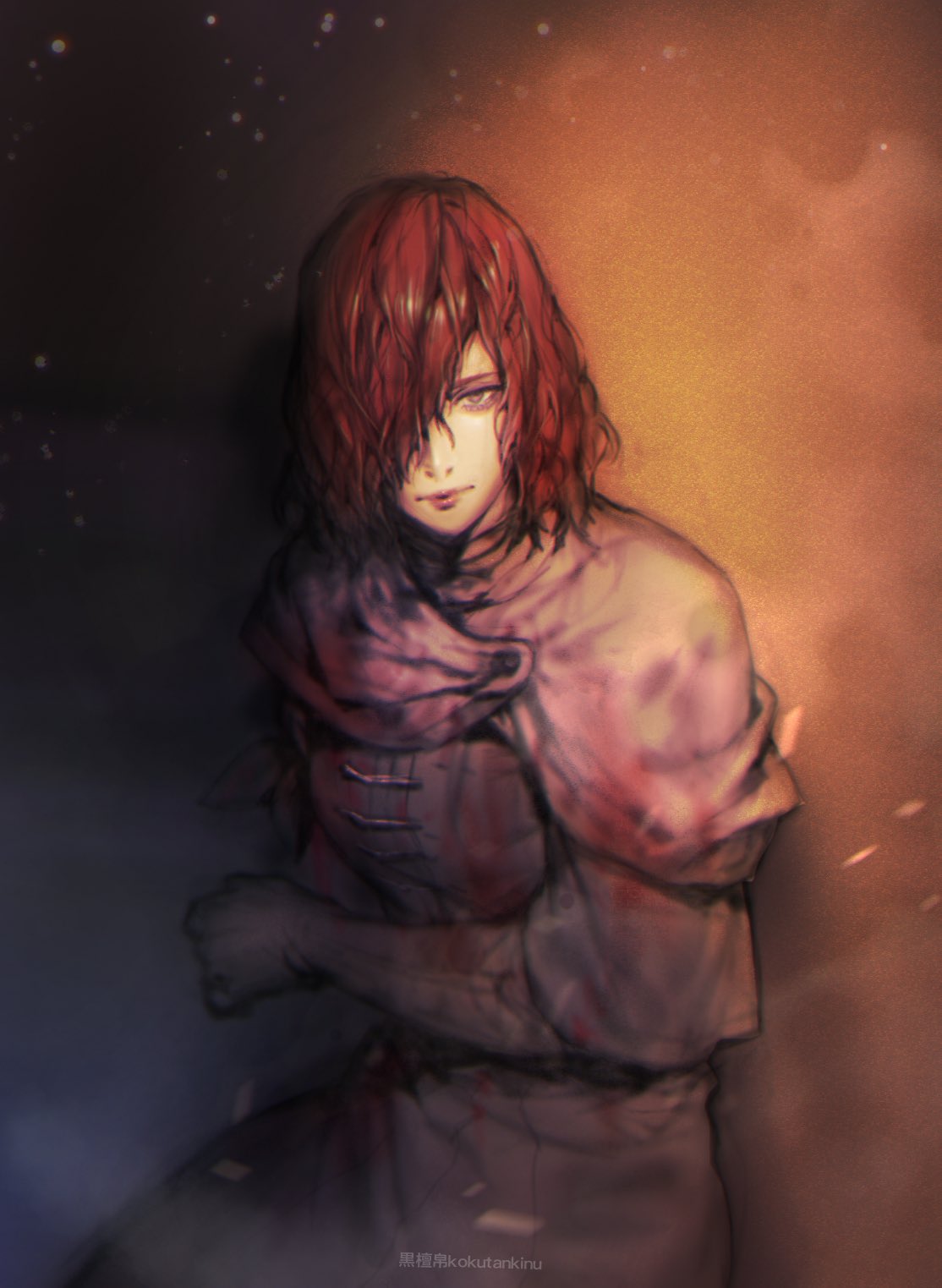 1girl, amputee, artist_name, black_dress, black_gloves, blood, blood_on_clothes, brown_eyes
