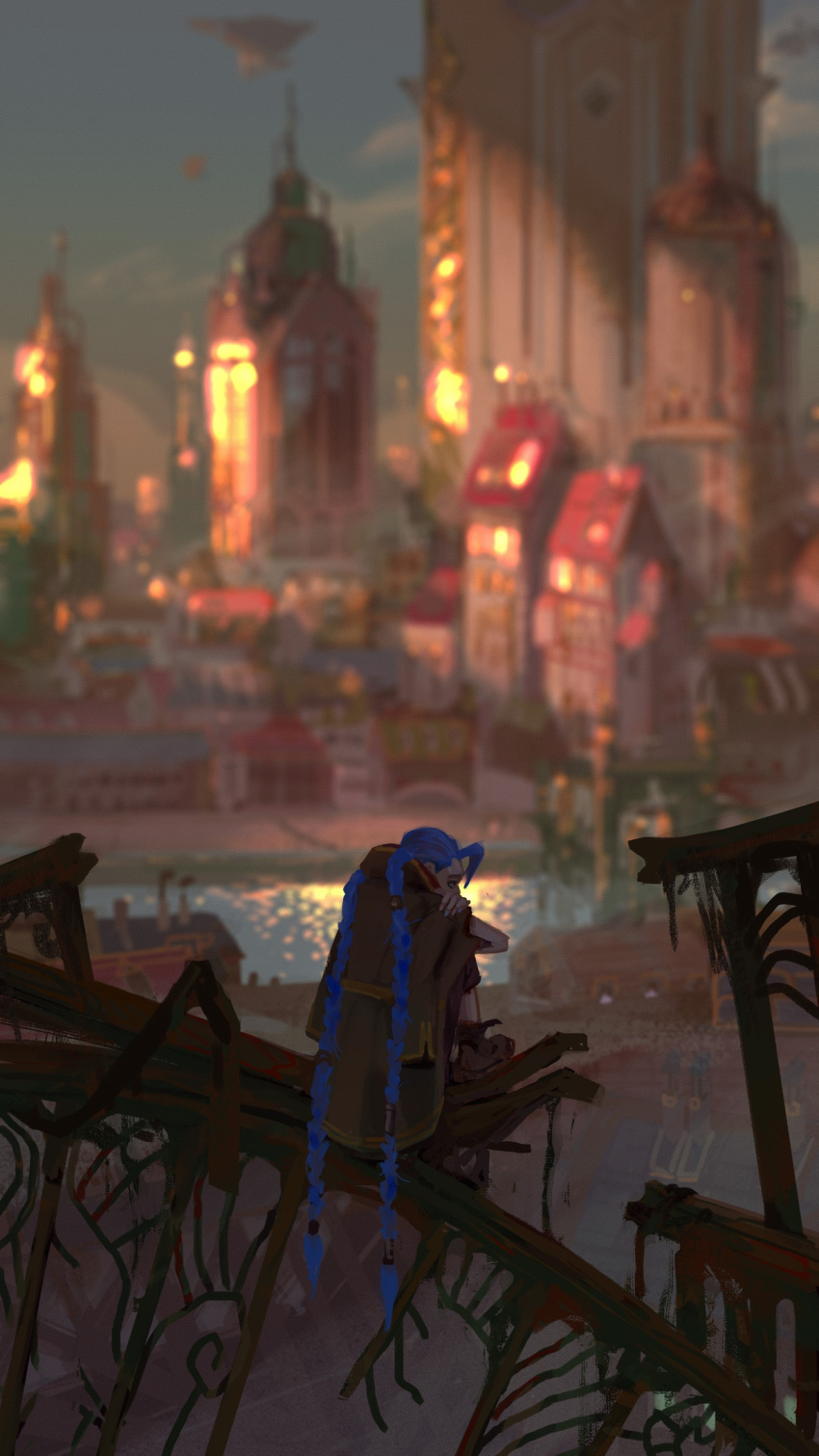 1girl, arcane:_league_of_legends, blue_hair, blurry, blurry_background, boots, braid, brown_footwear