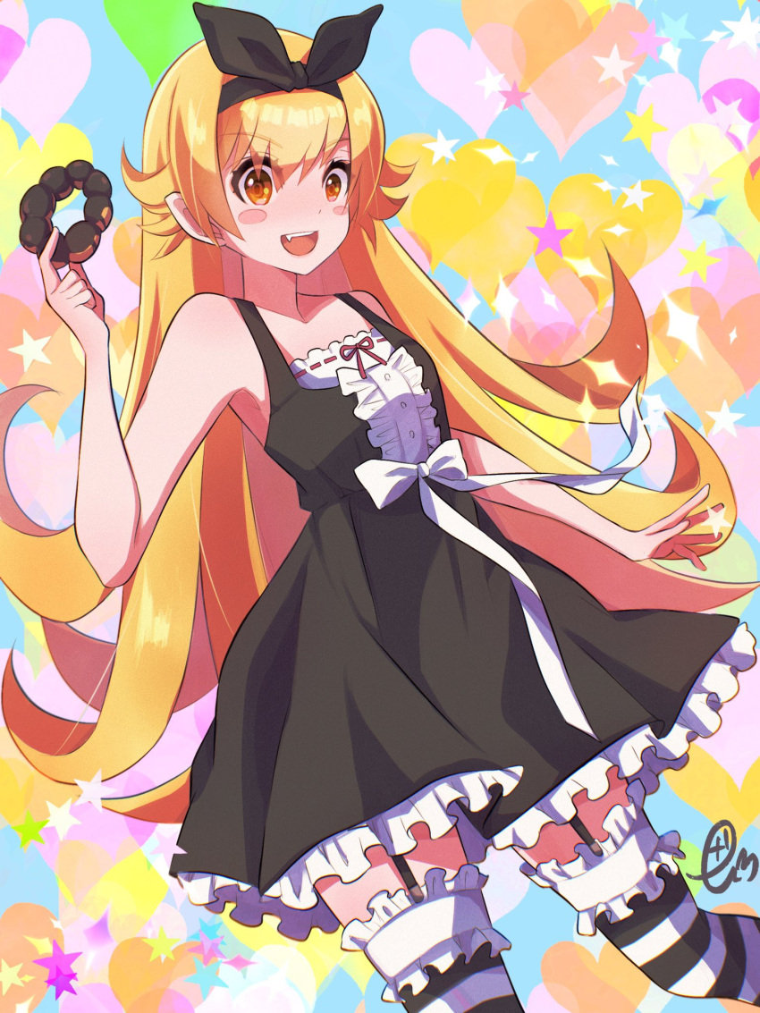 1girl, anotherplus, bakemonogatari, bangs, bare_shoulders, black_dress, blonde_hair, blush_stickers, bow, doughnut, dress, food, frills, garter_straps, heart, highres, holding, holding_food, long_hair, looking_at_viewer, monogatari_(series), oshino_shinobu, pon_de_ring, smile, striped, striped_legwear, yellow_eyes