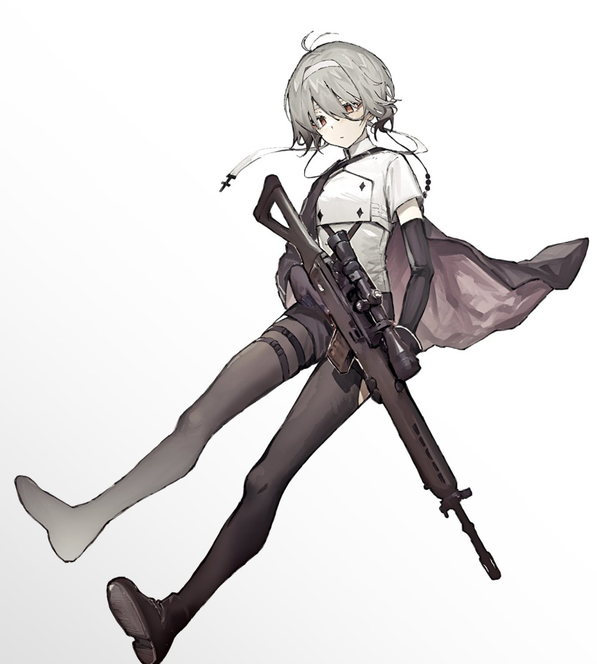 1girl, ahoge, assault_rifle, bangs, black_gloves, black_legwear, boots, brown_eyes