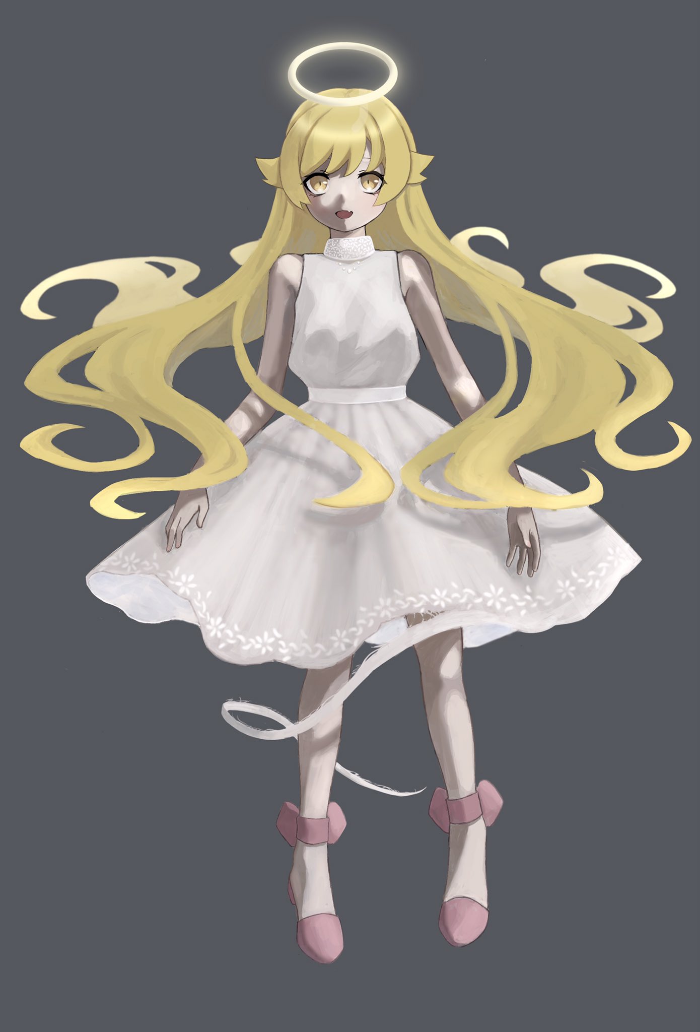 1girl, bakemonogatari, bangs, bare_legs, bare_shoulders, blonde_hair, dress, floating_hair