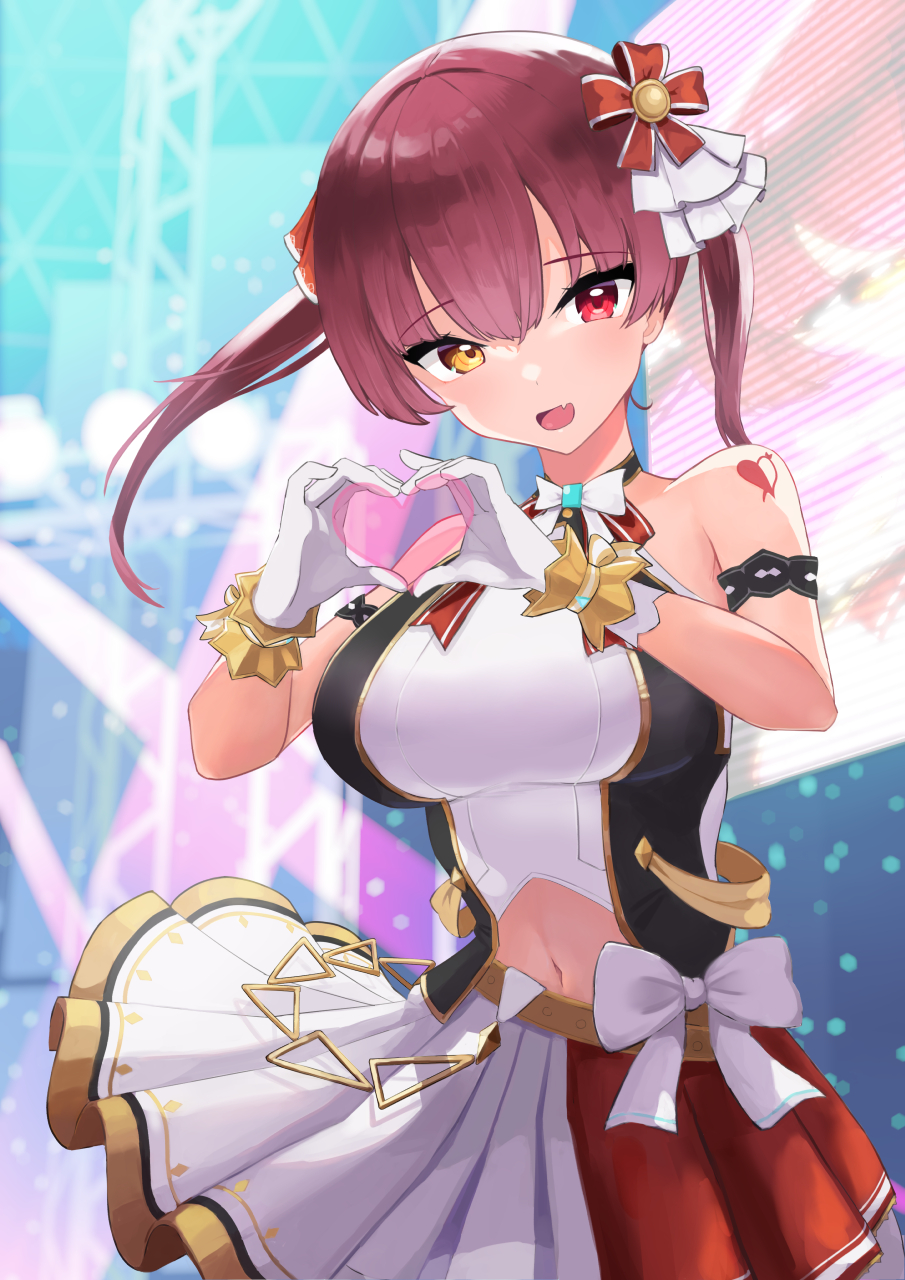 1girl, armband, bow, breasts, fang, gloves, halter_top, halterneck