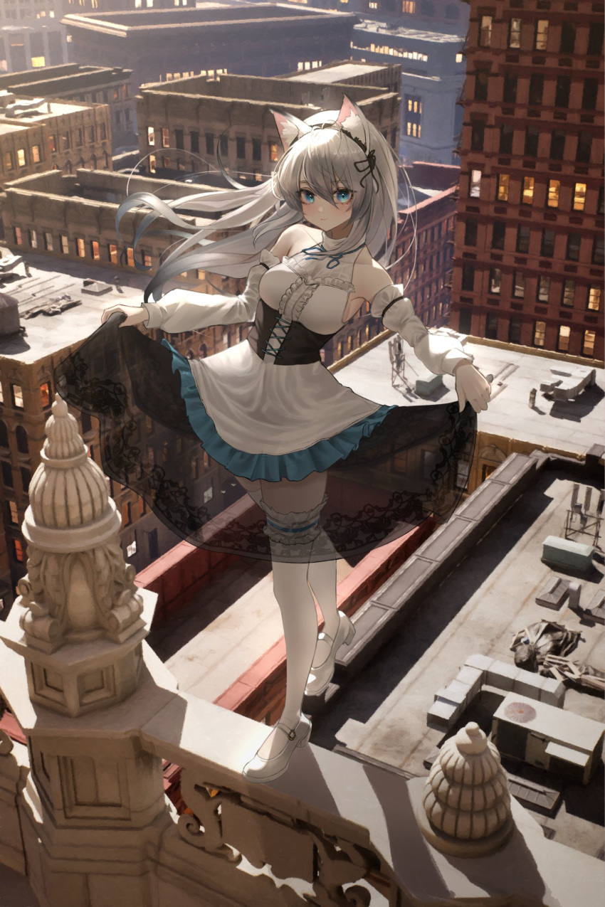 1girl, animal_ears, balancing, bangs, bare_shoulders, black_hairband, blue_eyes, breasts