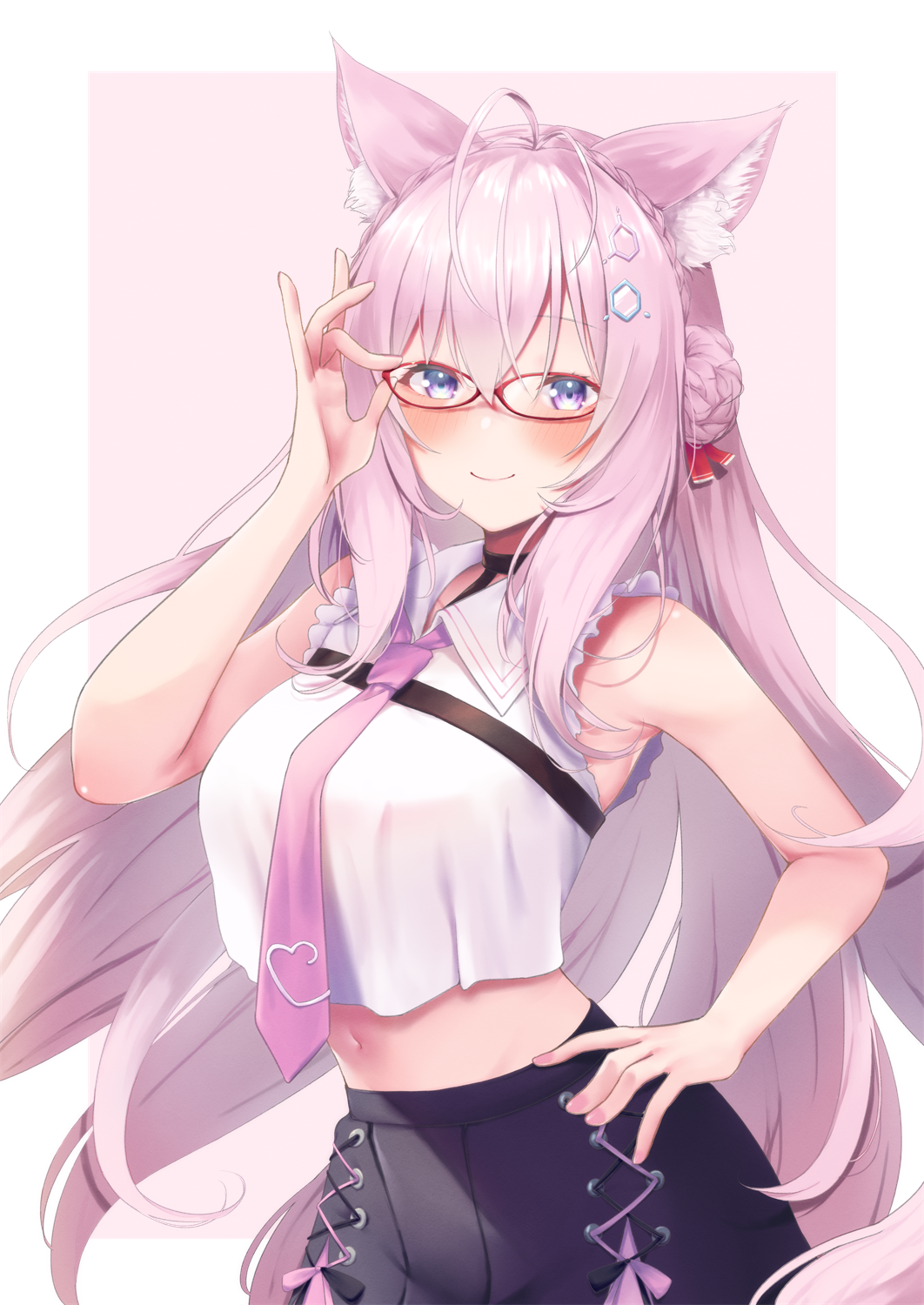 1girl, ahoge, bespectacled, blue_eyes, braid, breasts, coyote_ears, glasses
