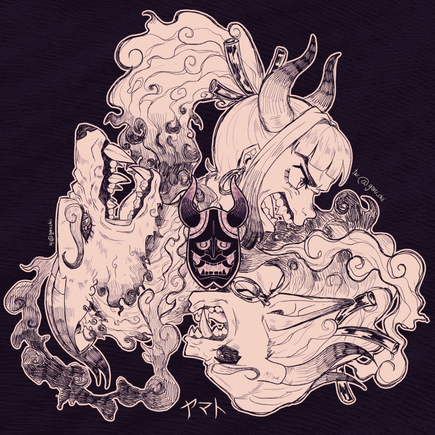1girl, alternate_form, angry, animal_ears, curled_horns, earrings, face, fang