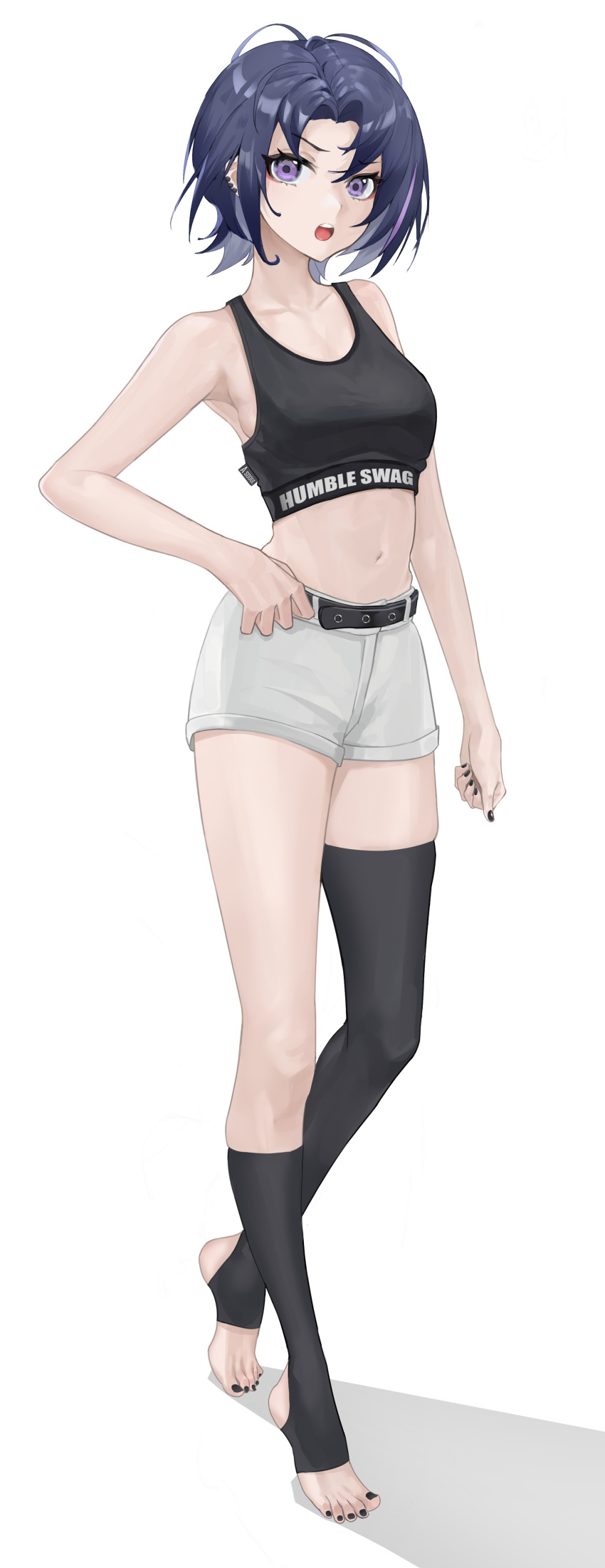 1girl, a-soul, absurdres, ahoge, arm_at_side, asymmetrical_legwear, bangs, bare_shoulders, belt, black_bra, black_legwear, black_nails, blue_hair, bra, breasts, carol_(a-soul), collarbone, contrapposto, eyebrows_visible_through_hair, forehead, full_body, hair_intakes, hand_on_hip, highres, kneehighs, knees, looking_at_viewer, medium_breasts, mentha, midriff, nail_polish, navel, open_mouth, parted_bangs, short_hair, short_shorts, shorts, simple_background, single_kneehigh, single_thighhigh, solo, sports_bra, thigh-highs, toenail_polish, toenails, toes, underwear, violet_eyes, white_background, white_shorts