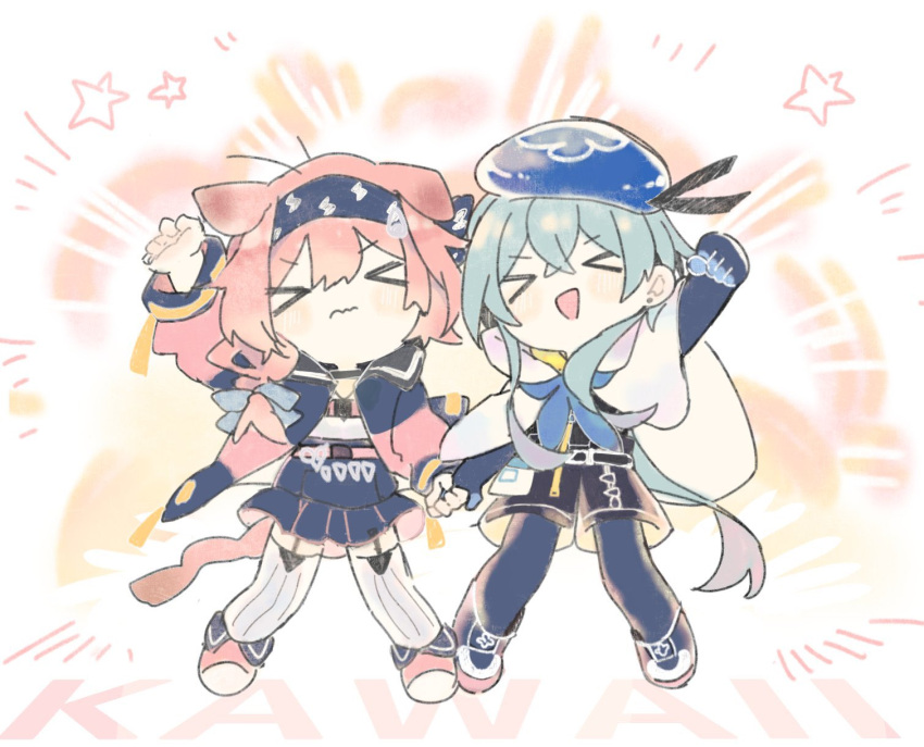 >_<, 1boy, 1girl, :d, animal_ears, arknights, arms_up, black_ribbon