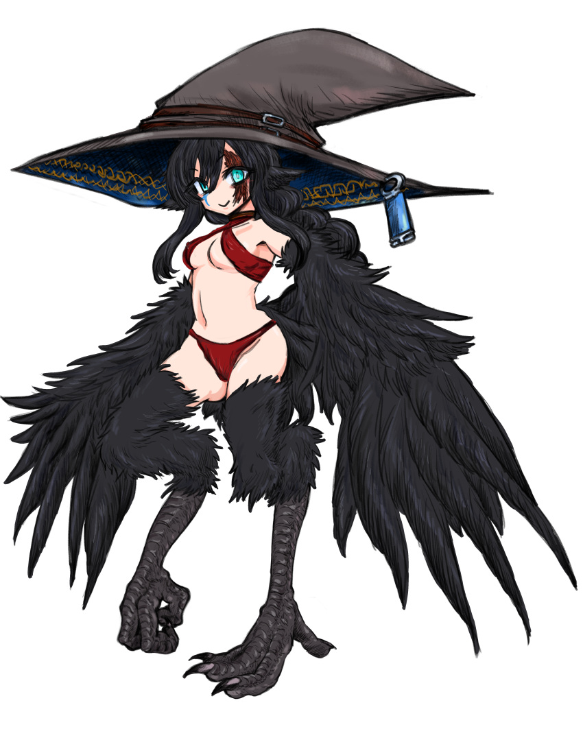 1girl, absurdres, animal_ears, bare_shoulders, bikini, bird_ears, bird_legs, black_feathers