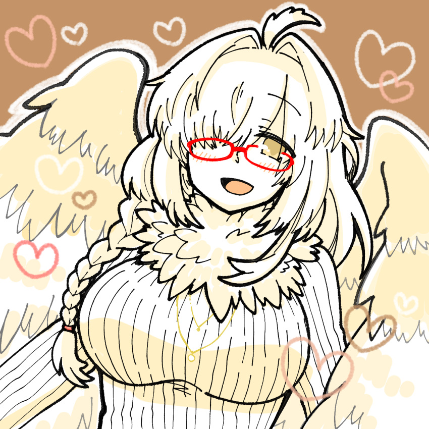 1girl, ahoge, blush, braid, breasts, commentary_request, eyebrows_visible_through_hair, feathered_wings, feathers, glasses, hair_intakes, hair_over_one_eye, harpy, heart, highres, icenekomura, jewelry, large_breasts, long_hair, monster_girl, neck_ruff, necklace, one_eye_covered, open_mouth, red-framed_eyewear, solo, tokyo_afterschool_summoners, white_feathers, wings, ziz_(housamo)