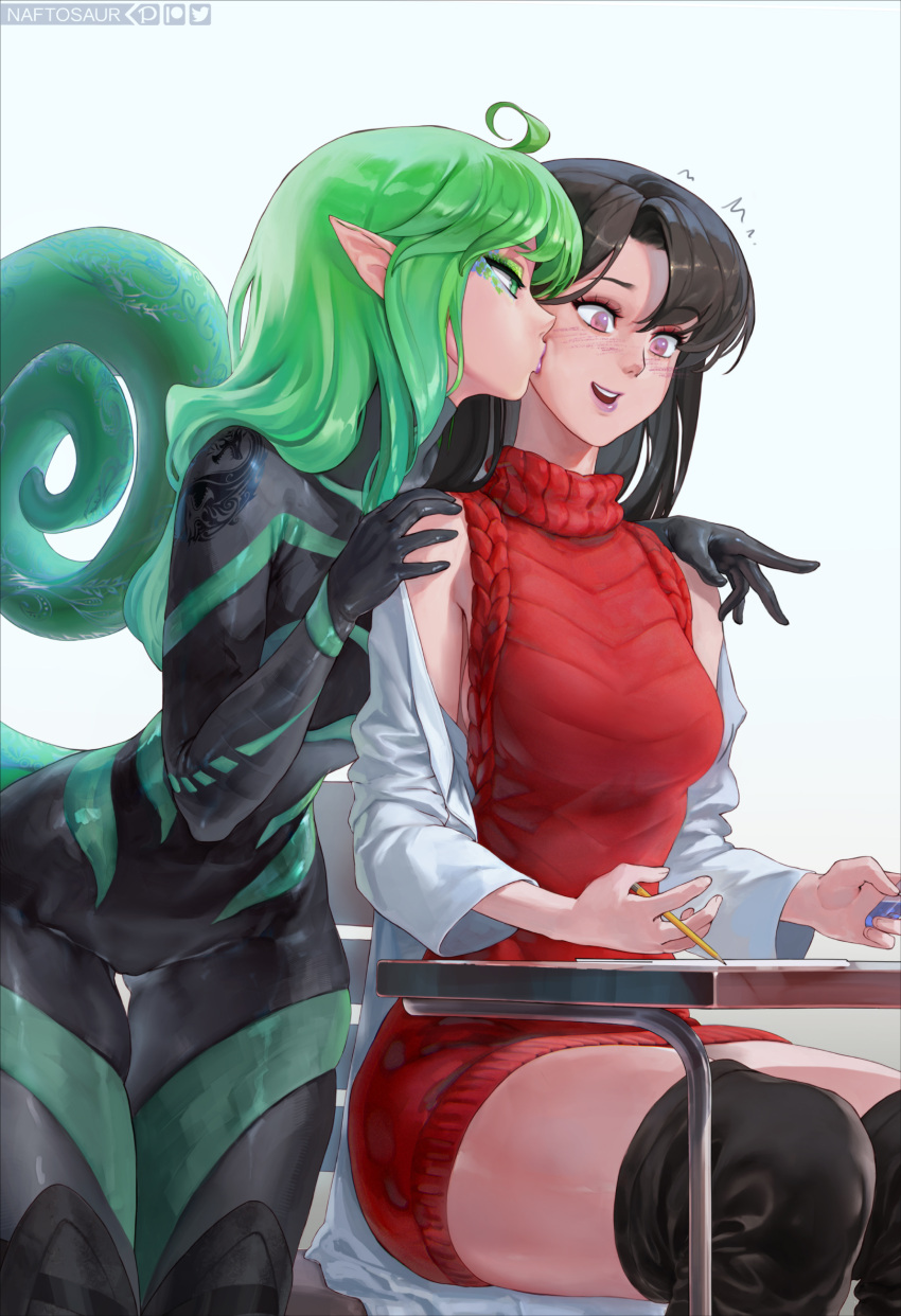2girls, absurdres, ahoge, black_bodysuit, black_hair, black_legwear, blush, bodysuit