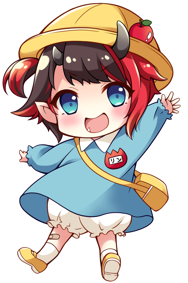 1girl, alternate_costume, alternate_hairstyle, apple, bangs, black_hair, bloomers, blue_dress, blue_eyes, blush, chibi, child, commentary_request, demon_girl, demon_horns, dress, eyebrows_visible_through_hair, food, fruit, full_body, hat, horns, kindergarten_uniform, looking_at_viewer, mary_janes, multicolored_hair, one_side_up, open_mouth, pointy_ears, redhead, ryugasaki_rene, school_hat, shoes, short_hair, simple_background, smile, socks, solo, sugar_lyric, transparent_background, two-tone_hair, underwear, usaba_(usabara_c), virtual_youtuber, white_legwear, yellow_footwear, younger