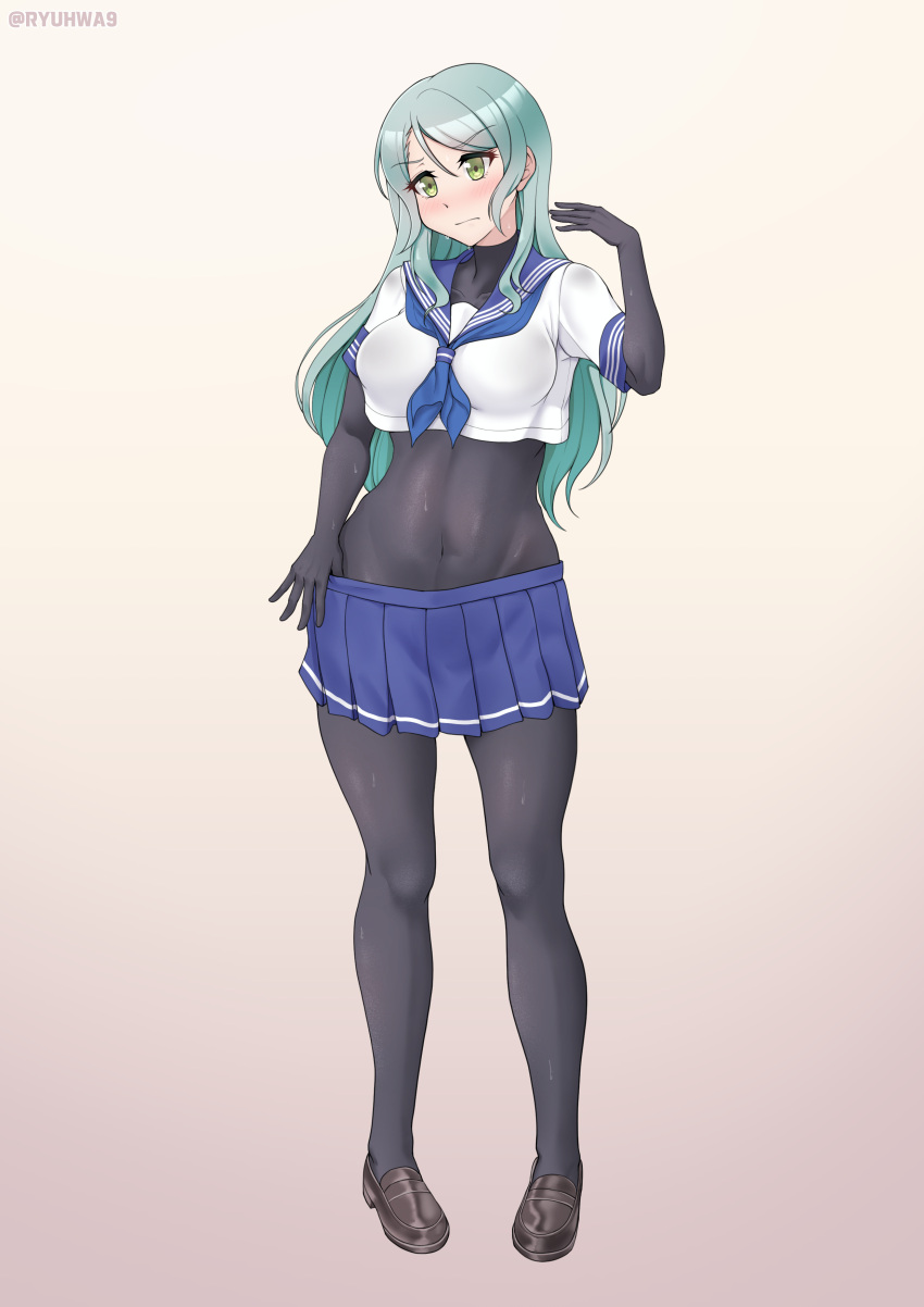 1girl, absurdres, aqua_hair, bang_dream!, black_bodysuit, blue_sailor_collar, blue_skirt, blush