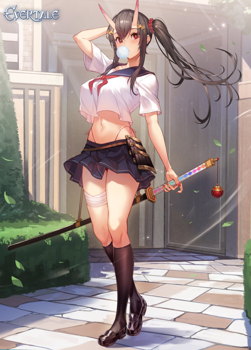 1girl, arm_behind_head, arm_up, bandaged_leg, bandages, bangs, black_footwear, black_legwear