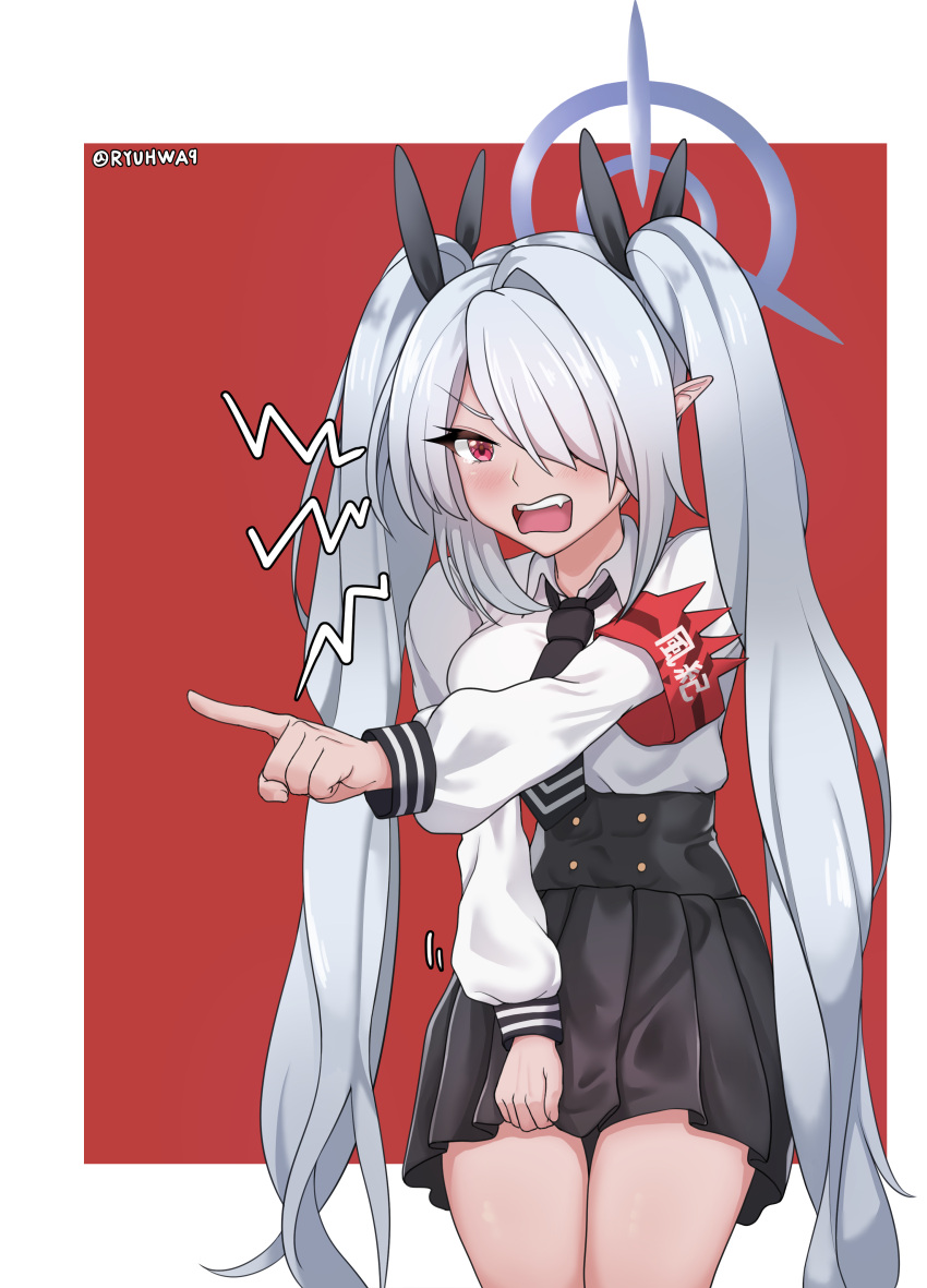 1girl, absurdres, armband, artist_name, black_bow, black_necktie, black_skirt, blue_archive, blush, border, bow, hair_over_one_eye, high-waist_skirt, highres, holding, holding_clothes, holding_skirt, iori_(blue_archive), long_hair, necktie, outside_border, pointing, pointy_ears, red_background, red_eyes, ryuhwa9, shirt, skirt, solo, thighs, twintails, twitter_username, very_long_hair, white_border, white_hair, white_shirt