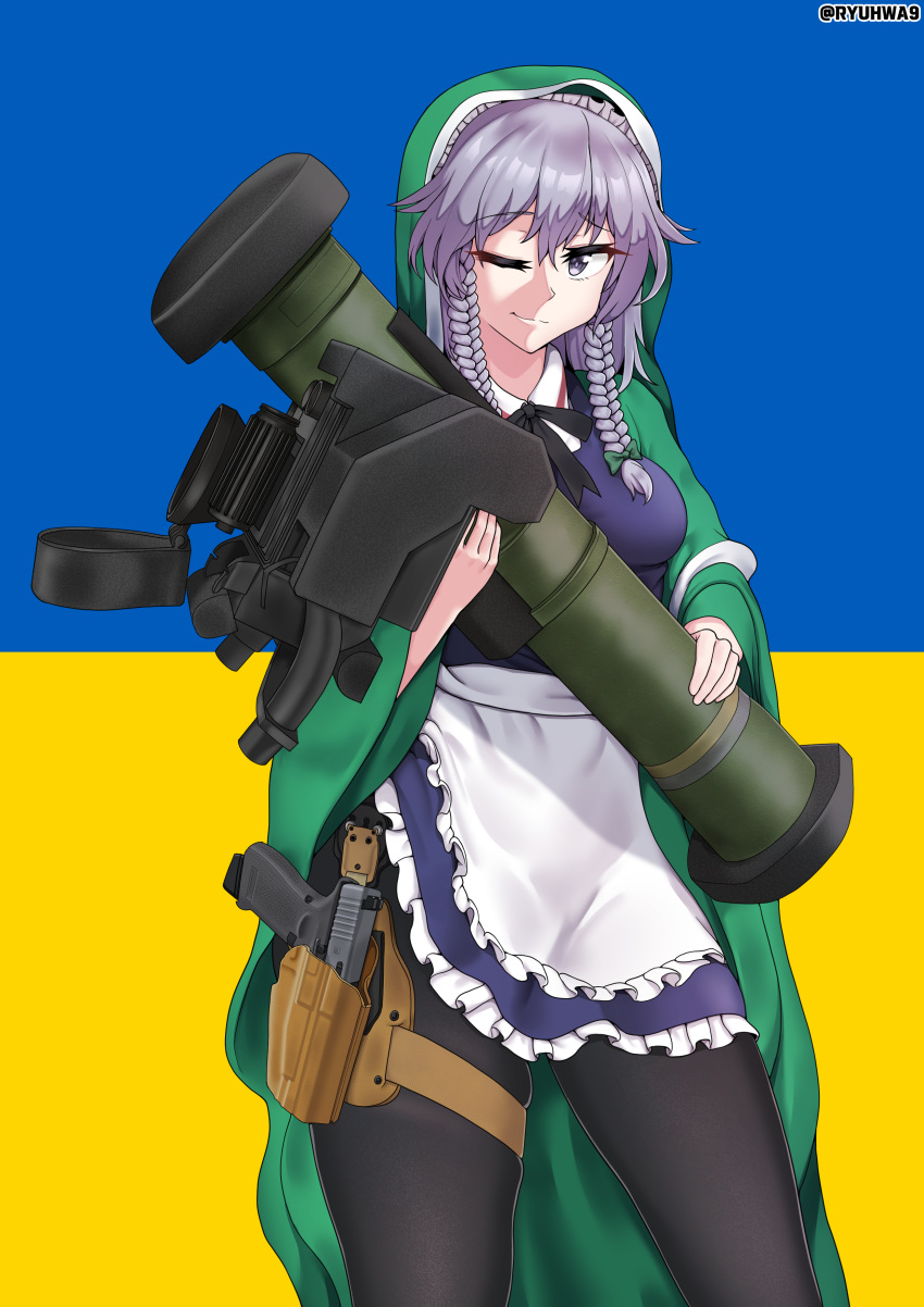 1girl, absurdres, apron, braid, breasts, cosplay, fgm-148_javelin, frills, green_robe, green_shawl, grey_hair, gun, handgun, highres, holding_rocket_launcher, holster, izayoi_sakuya, looking_at_viewer, maid, maid_apron, medium_breasts, one_eye_closed, pantyhose, pistol, rocket_launcher, russo-ukrainian_war, ryuhwa9, skindentation, smile, solo, st._javelin, thigh_holster, thighs, touhou, twin_braids, twitter_username, ukraine, ukrainian_flag, virgin_mary, virgin_mary_(cosplay), weapon, weapon_request, white_apron