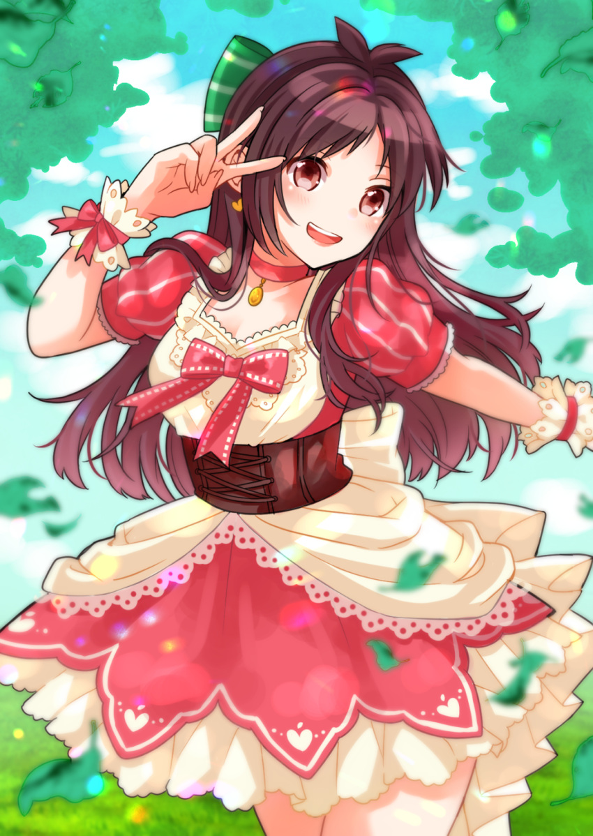 1girl, :d, antenna_hair, blurry, blurry_foreground, blush, brown_hair, choker